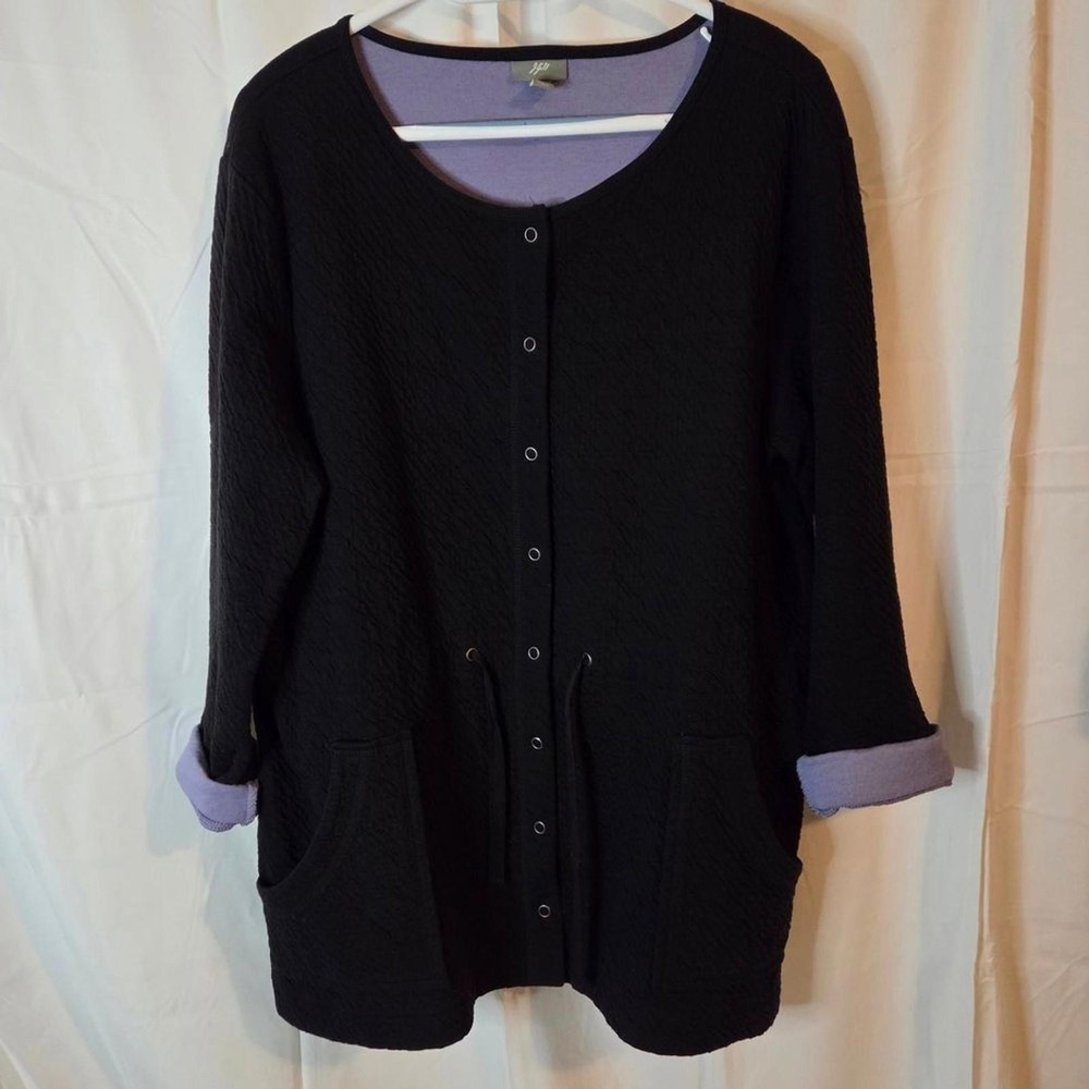 J. Jill Black Snap-up Black Shacket with Purple Lining Pockets Tie Waist Size L
